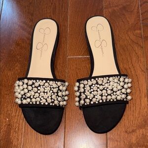 Jessica Simpson Black Pearl-Embellished Slide Mules